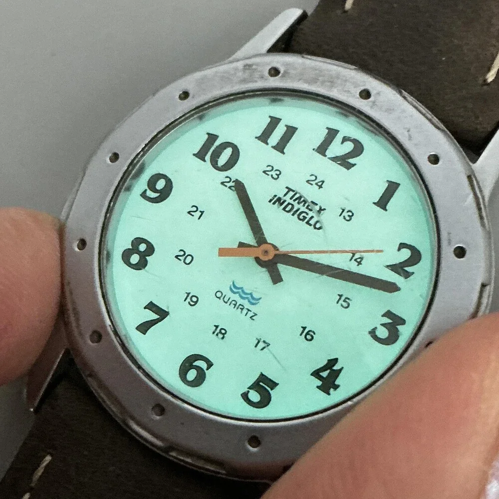 Timex Indiglo Mens Watch 33mm Silver Tone Brown Leather Strap New Battery
